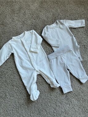 Petit Lem Layette Cream and Light Gray Striped Baby Set